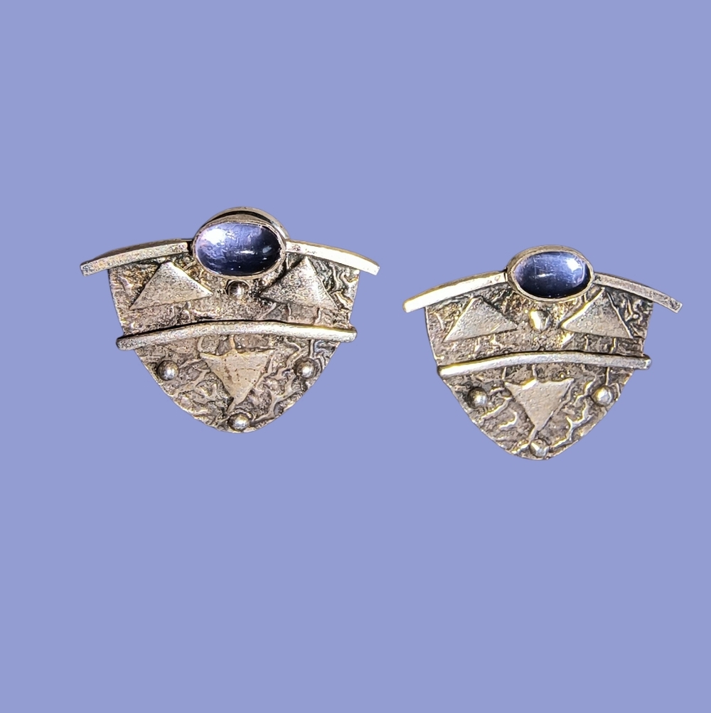 Artisan Sterling Silver Clip-On Earrings – Hammered Bell Shape with Lilac Glass
